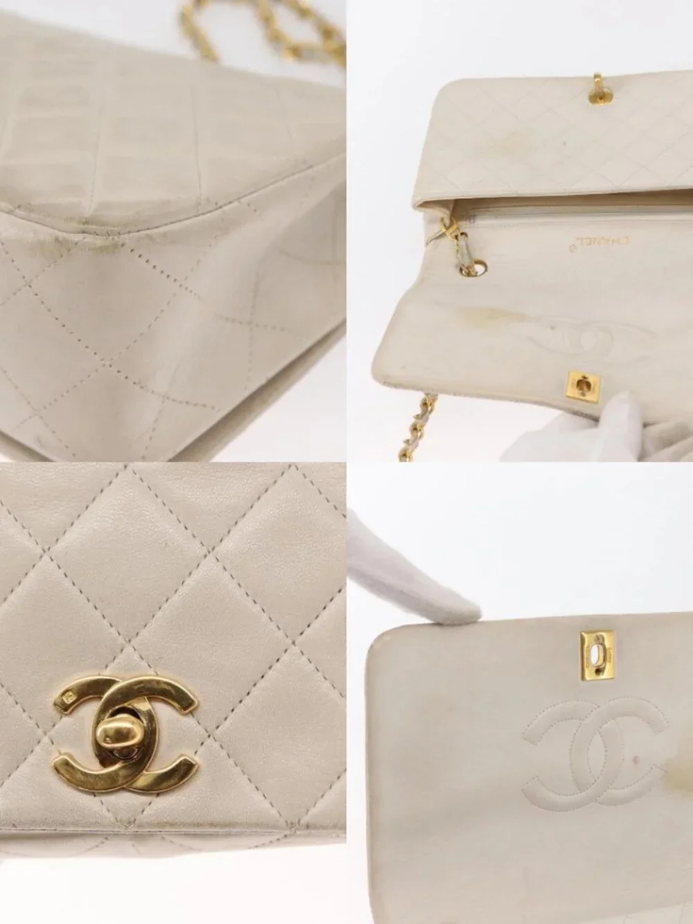CHANEL Matelasse Turn Lock Chain Bag Lamb Skin White Gold CC Auth am10500